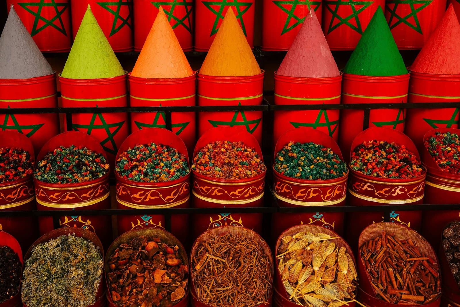 A traditional spice market with colourful spice cones